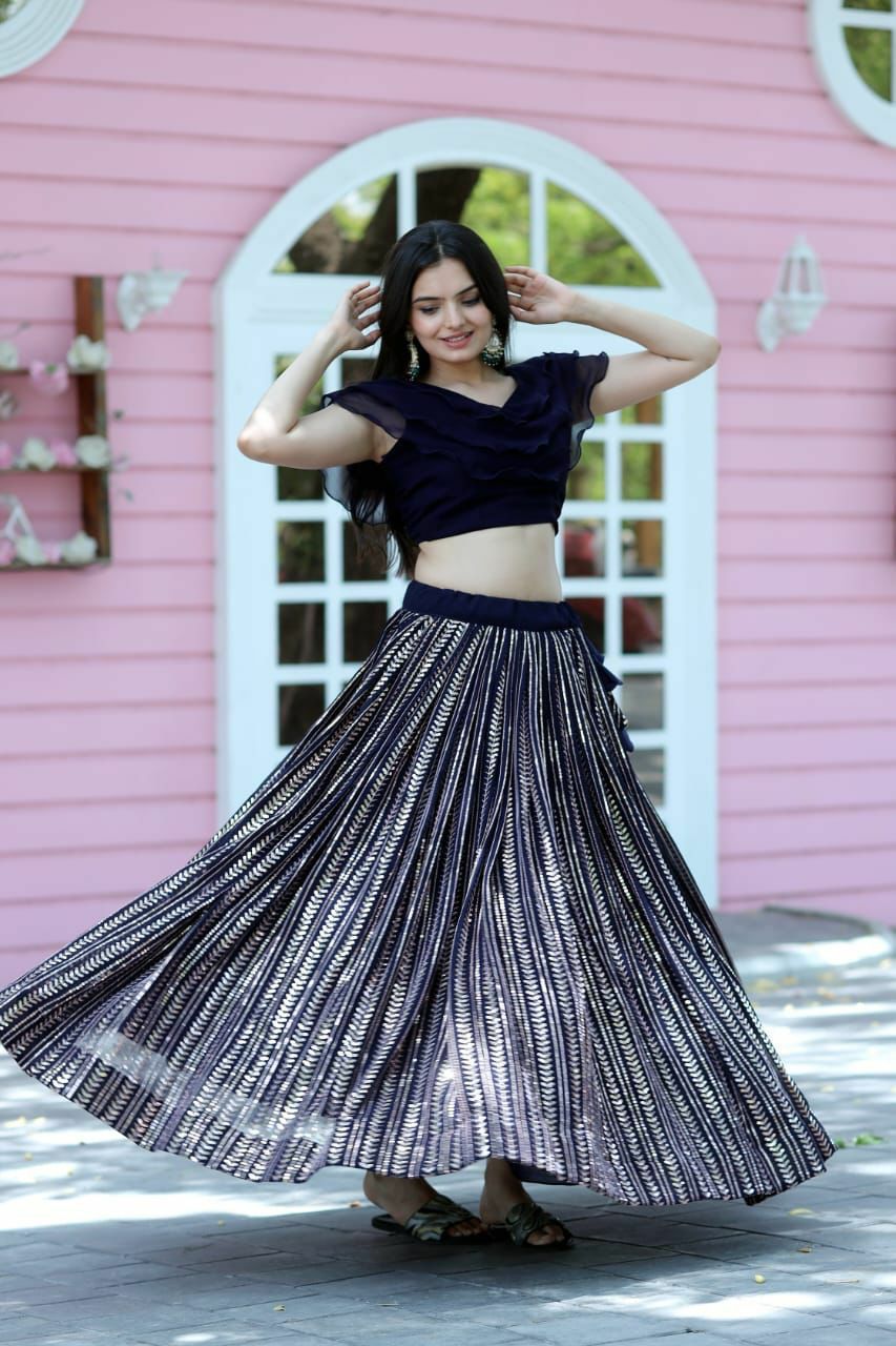 Exclusively Exquisite Indo Fusion Skirt Top / Lehenga Blouse (Navy Blue)