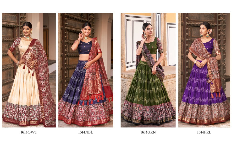 Ajarkh Print Tussar Silk Lehanga