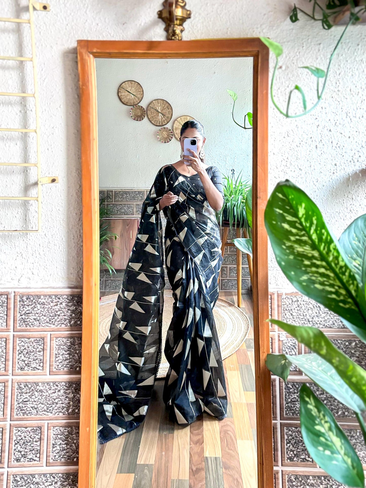 Pure Soft Organza Black Triangle Pattern Saree