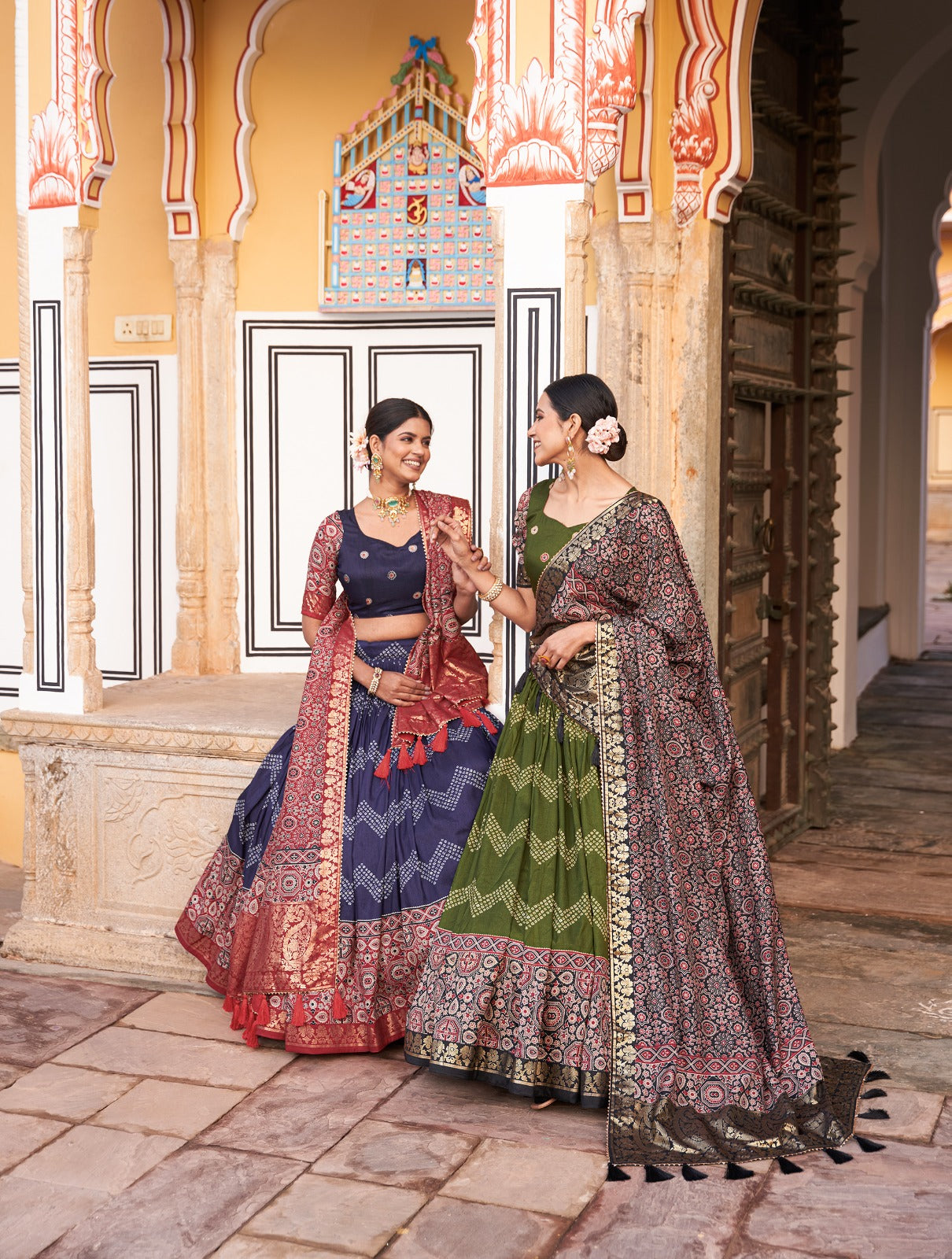 Ajarkh Print Tussar Silk Lehanga