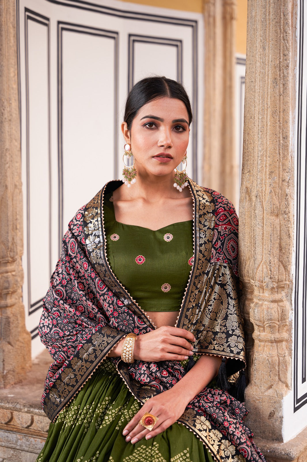 Ajarkh Print Tussar Silk Lehanga