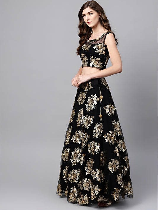 Midnight Black Floral Sequin Lehenga Choli