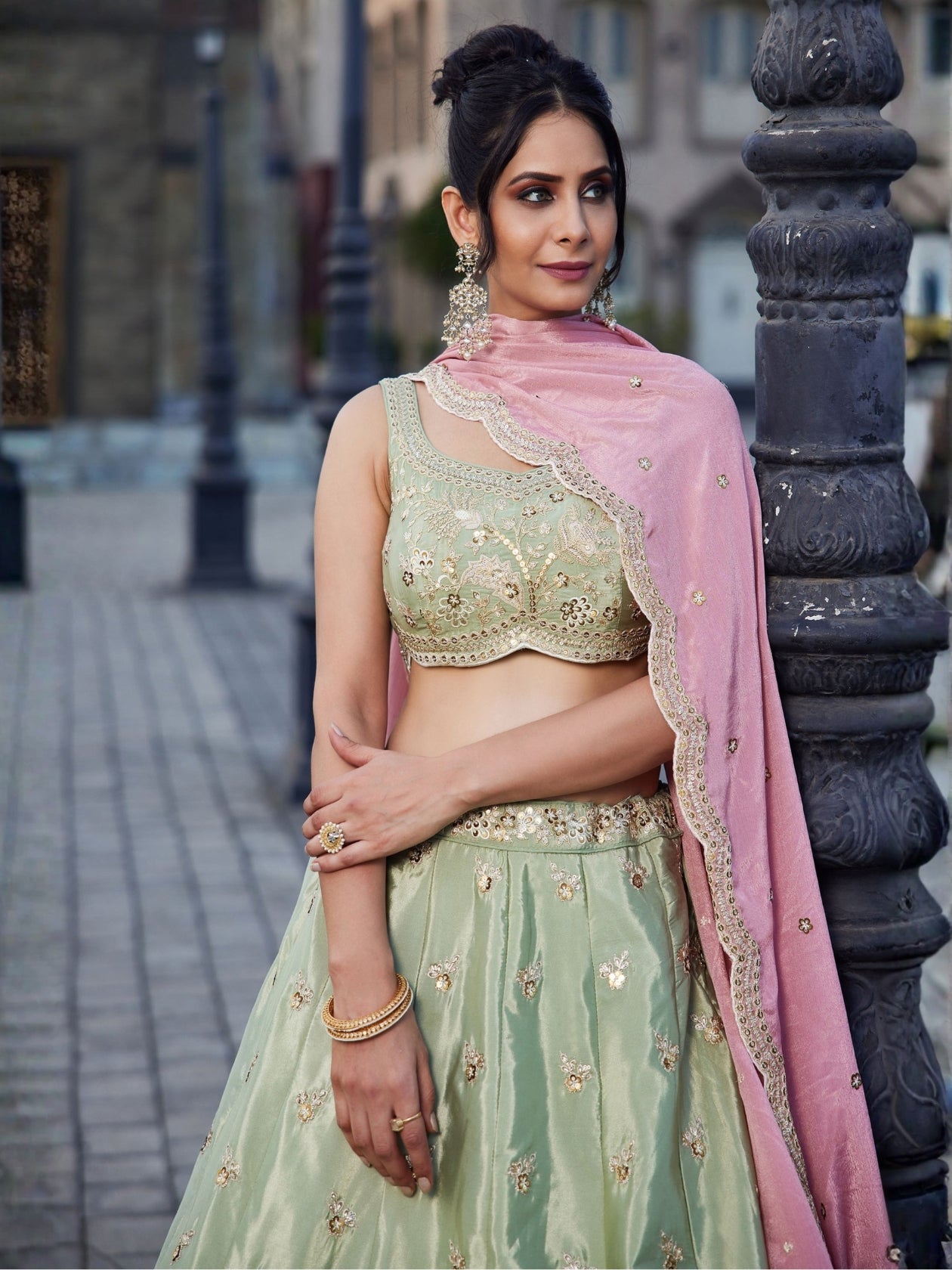 LUXURY PISTA GREEN ART SILK LEHENGA SET