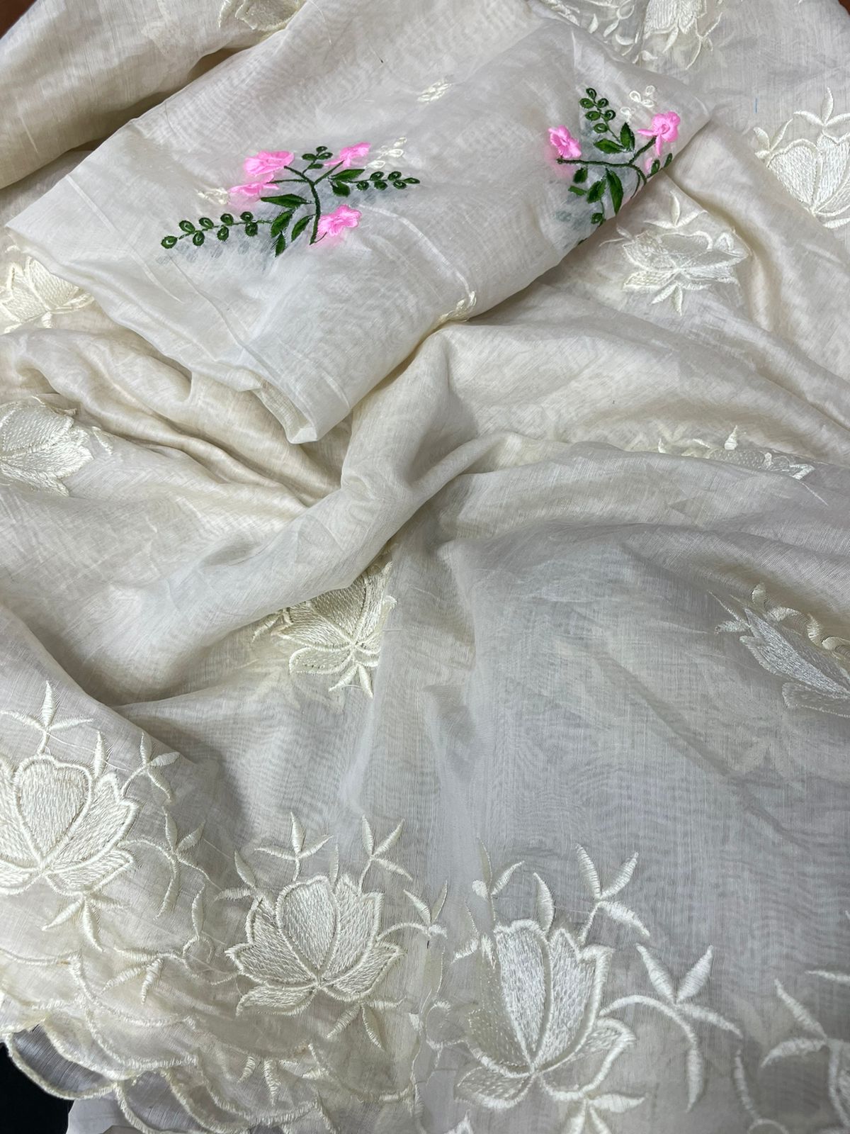 Pure Chanderi Cotton Embroidered Work Saree