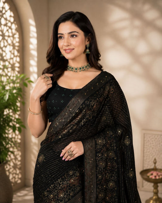 Midnight Black Foil Print Georgette Saree