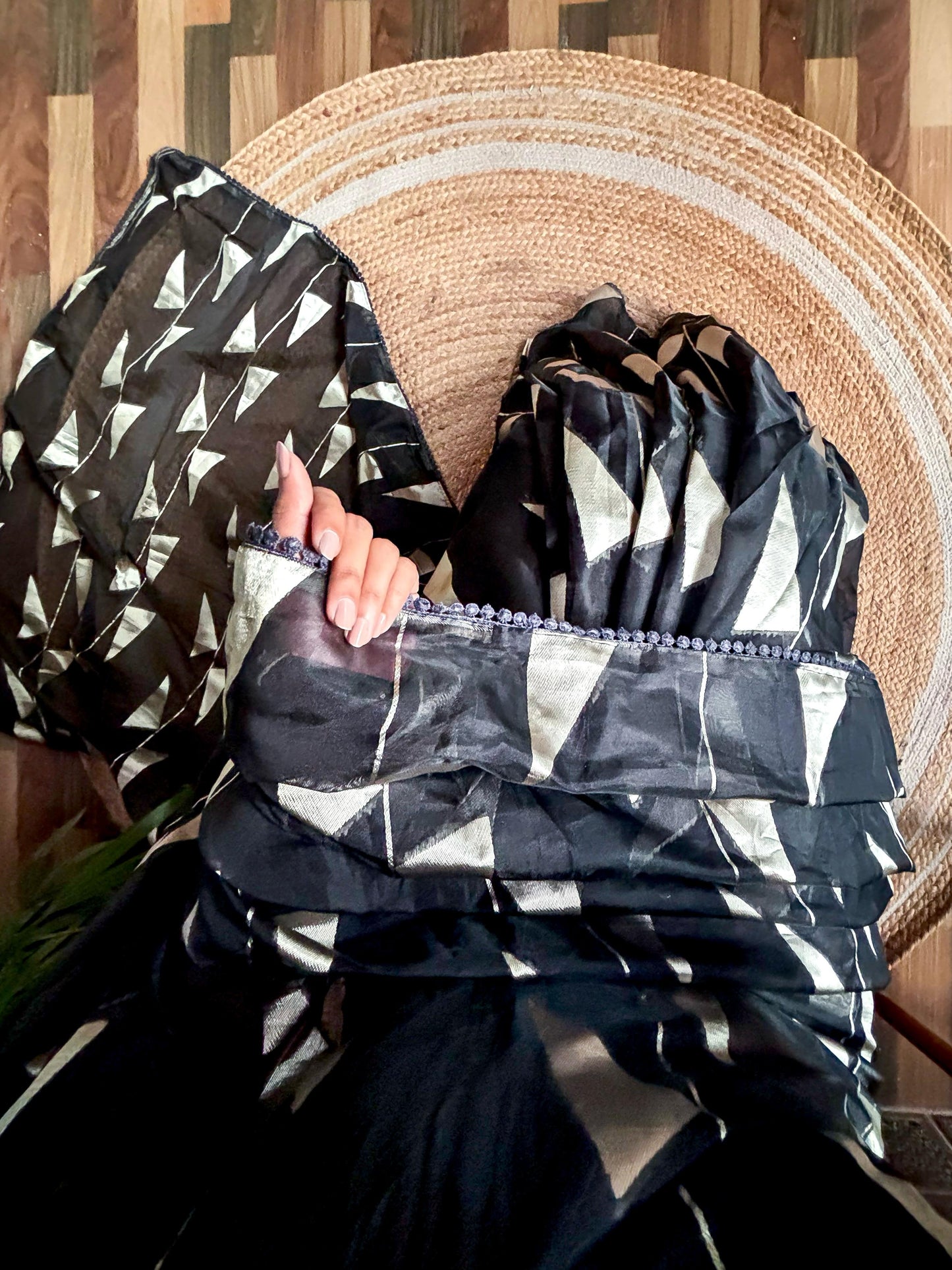Pure Soft Organza Black Triangle Pattern Saree