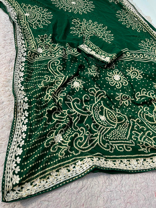 Jaipuri Gotta Patti Bottle Green Saree