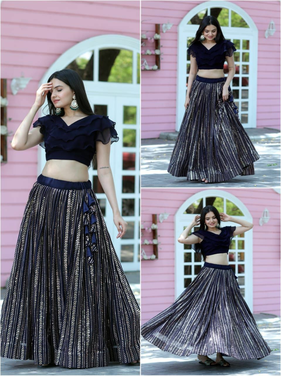 Exclusively Exquisite Indo Fusion Skirt Top / Lehenga Blouse (Navy Blue)