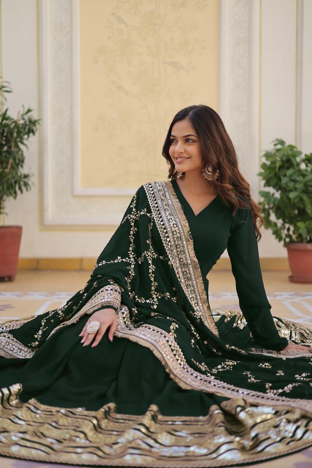 GREEN SEQUINS WORK CELEBRATION DAY PREMIUM GOWN