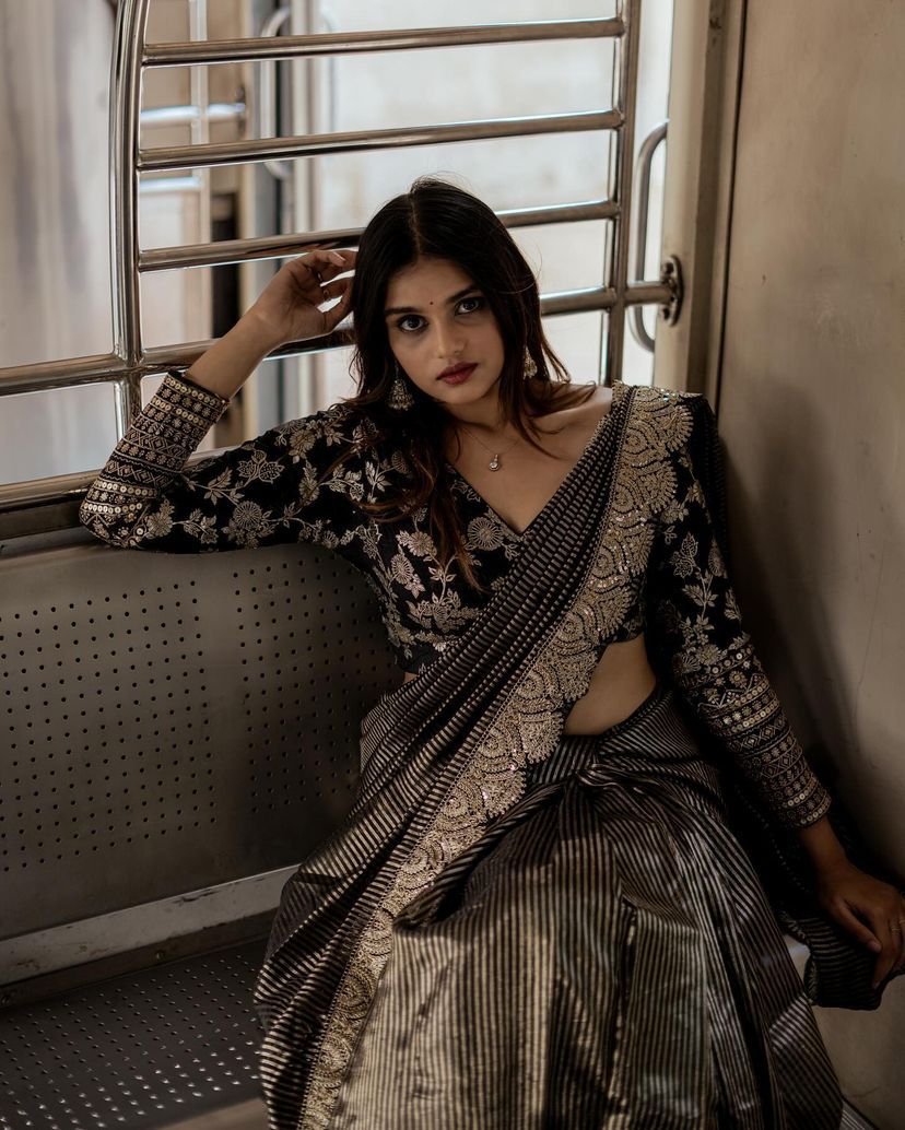Black Premium Organza Sequins Coding Work Saree