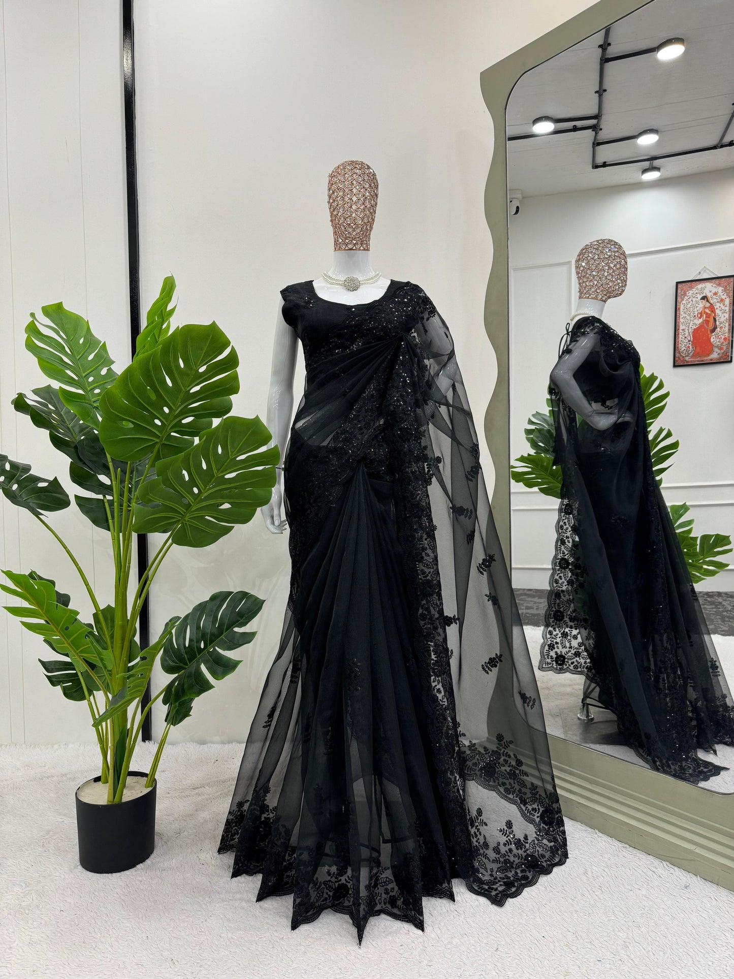 Black Organza Sequin Work Saree