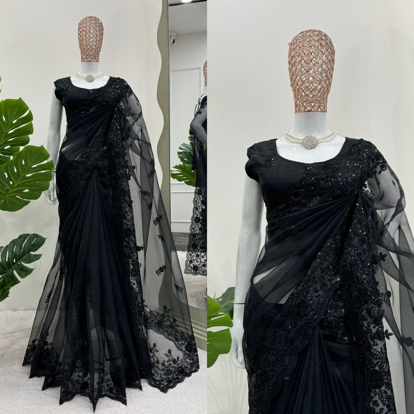 Black Organza Sequin Work Saree