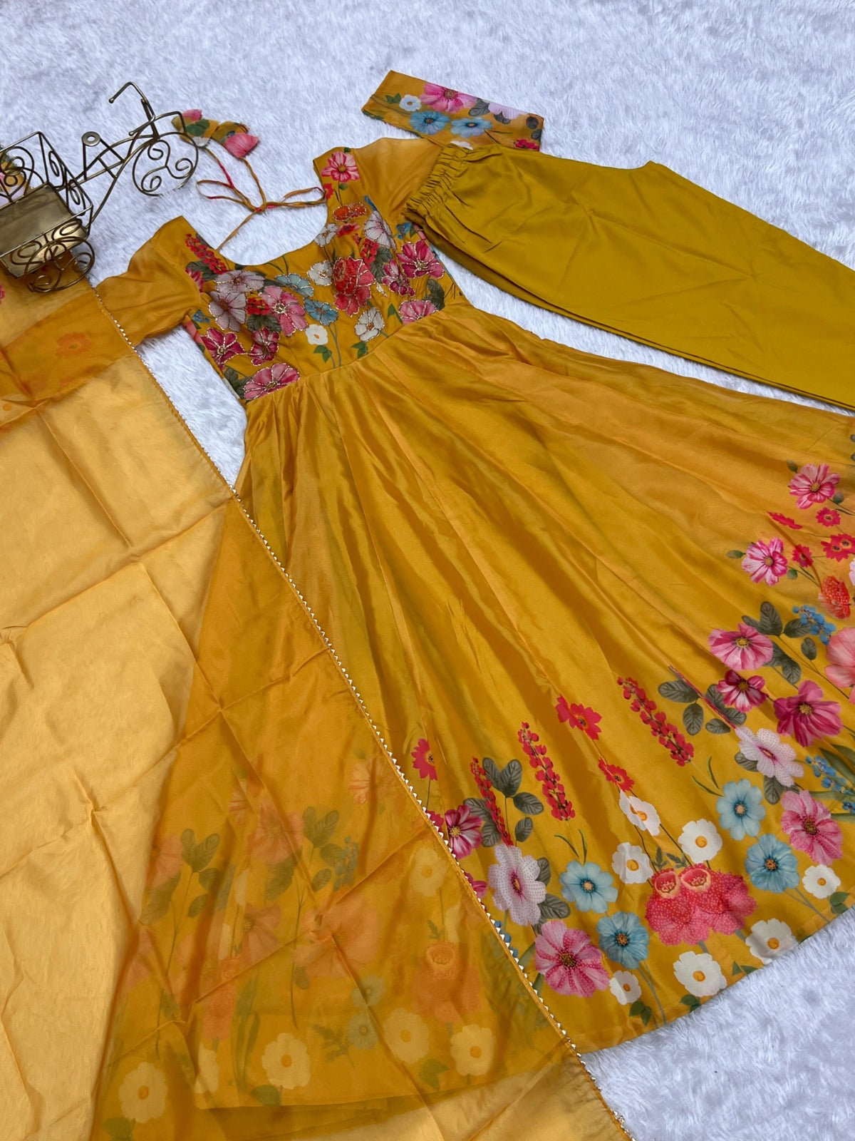 Timeless And Classic Yellow Floral Printed Organza Anarkali