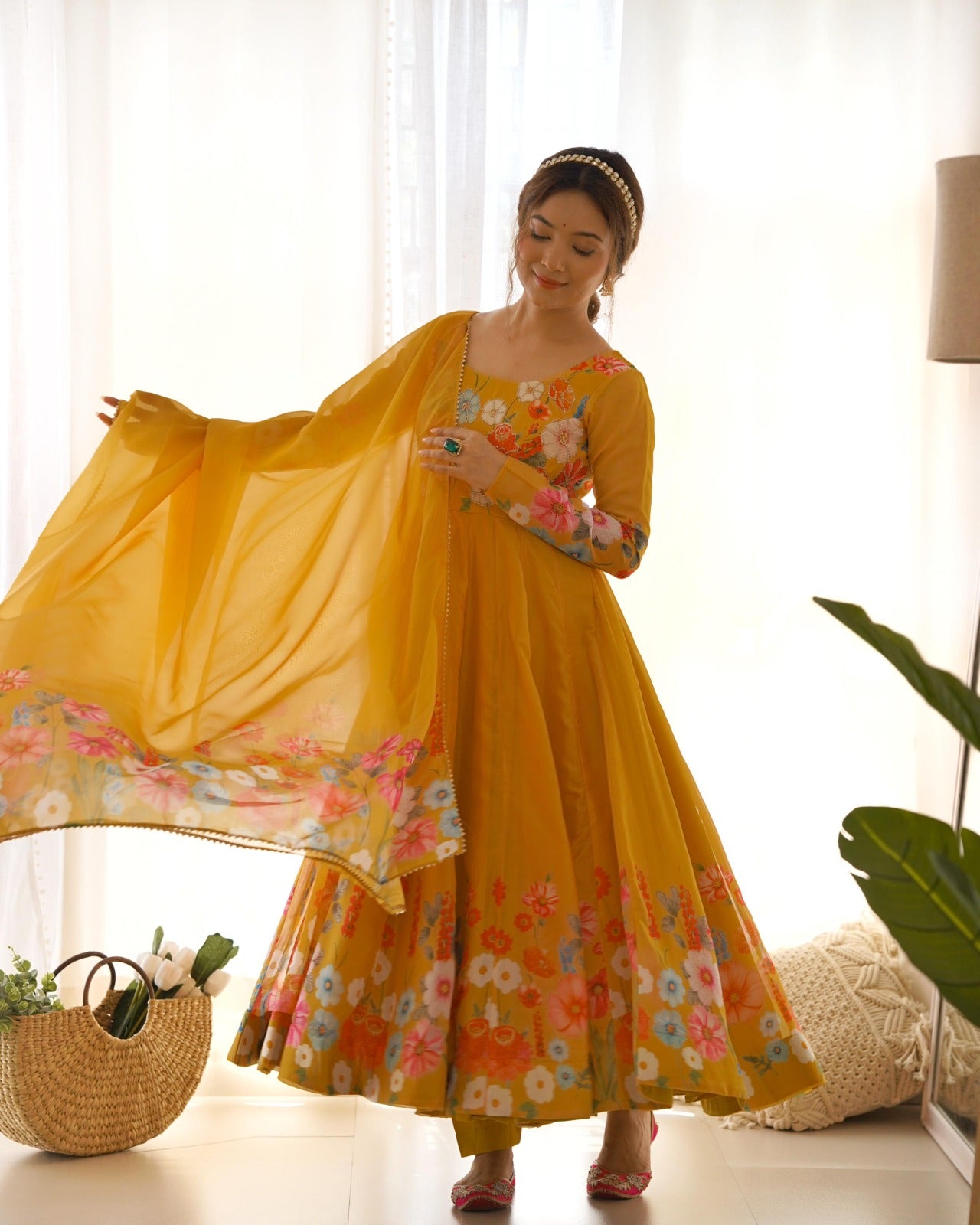 Timeless And Classic Yellow Floral Printed Organza Anarkali