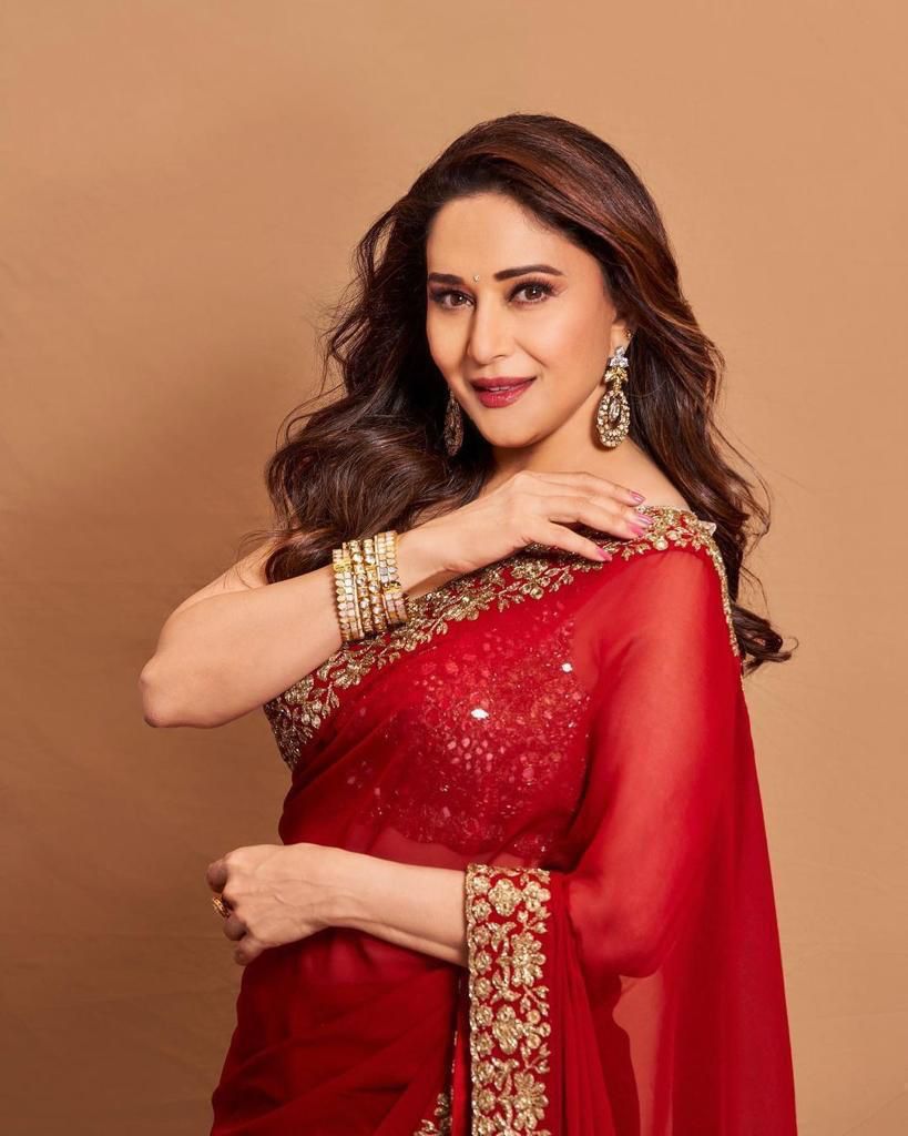 RED MADHURI DIXIT PARTY WERE WORK SAREE