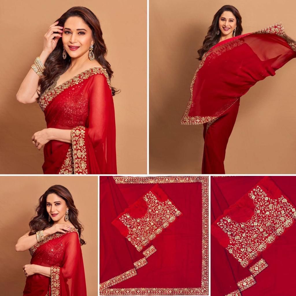 RED MADHURI DIXIT PARTY WERE WORK SAREE