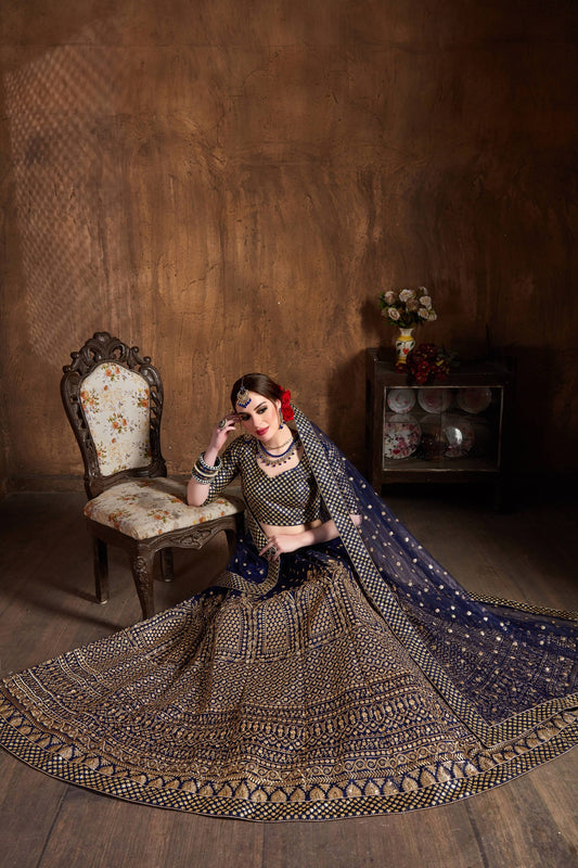 Majestic Navy Blue Antique Gold Embroidered Lehenga
