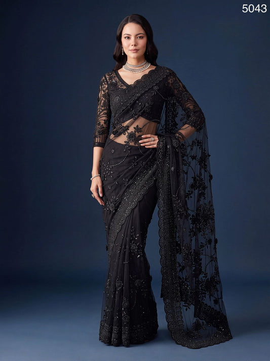 Midnight Glamour Handcrafted Black Net Designer Partywear Saree with Exquisite Beads & Floral Sequin Work