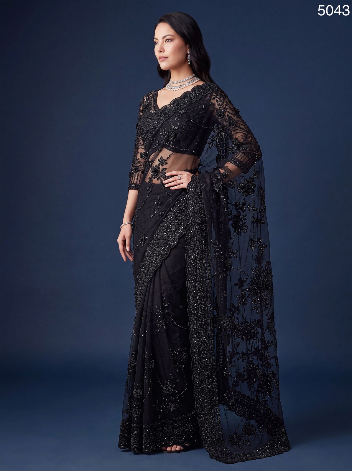 Midnight Glamour Handcrafted Black Net Designer Partywear Saree with Exquisite Beads & Floral Sequin Work