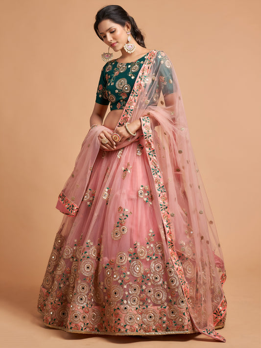 Elegant Peach Pink Net Lehenga