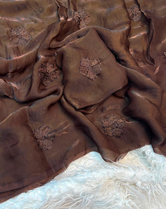 Dark Mocha Premium Space Silk Saree with Beads & Embroidery