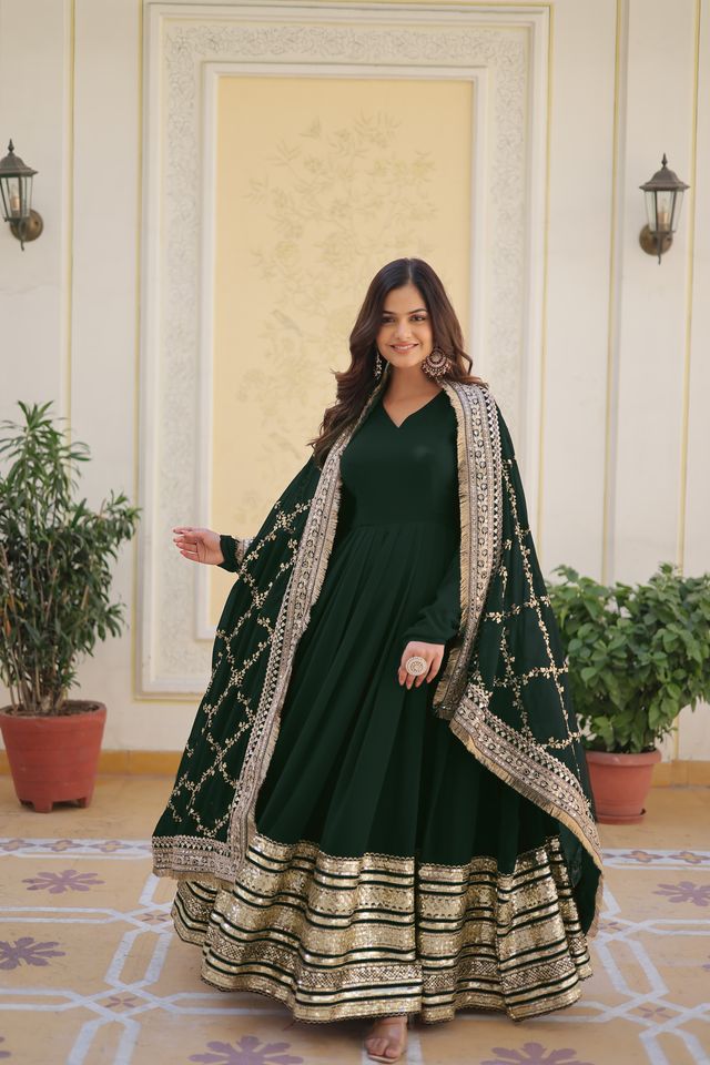 GREEN SEQUINS WORK CELEBRATION DAY PREMIUM GOWN
