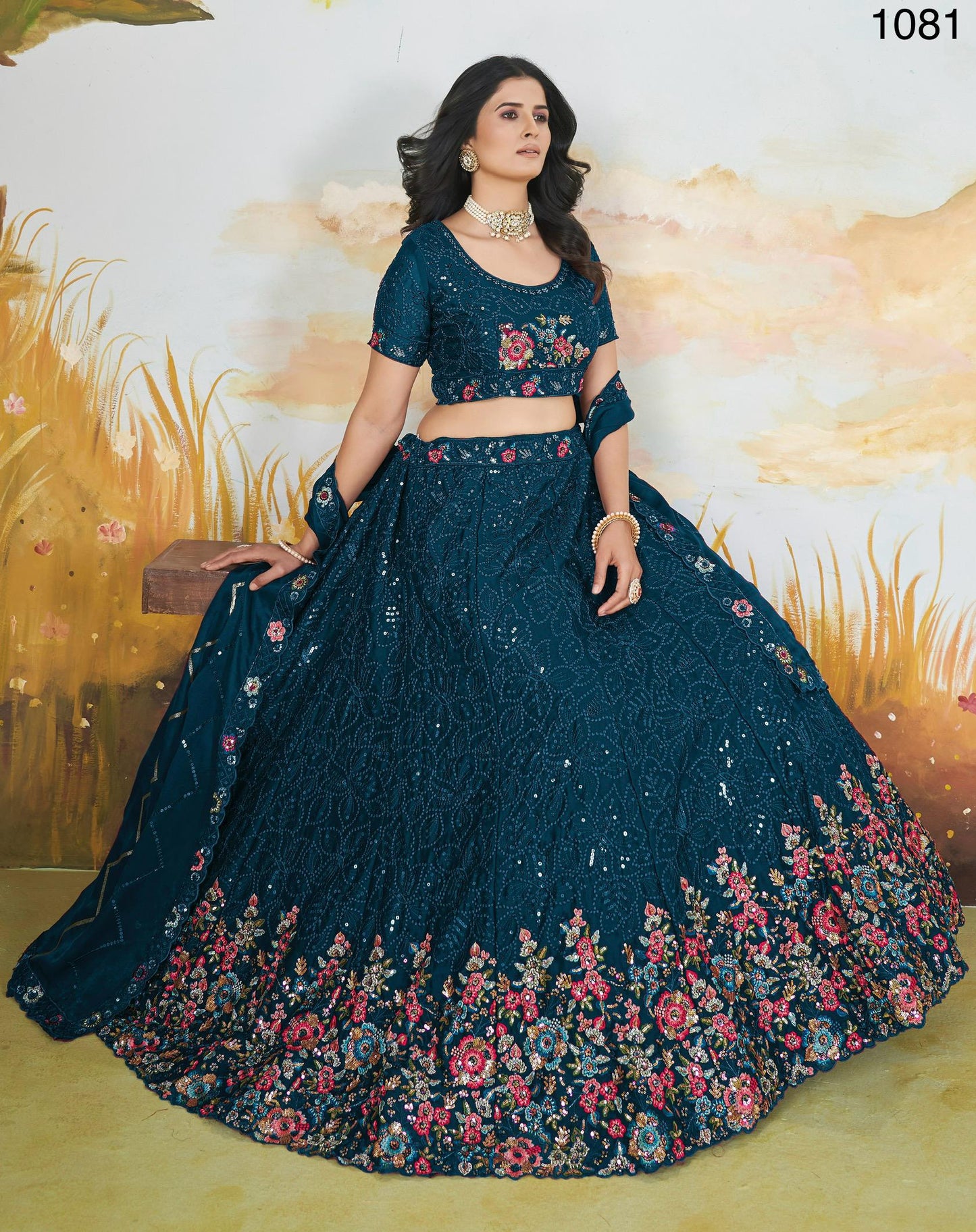 Teal Blue Designed Embroidered Premium Lehanga