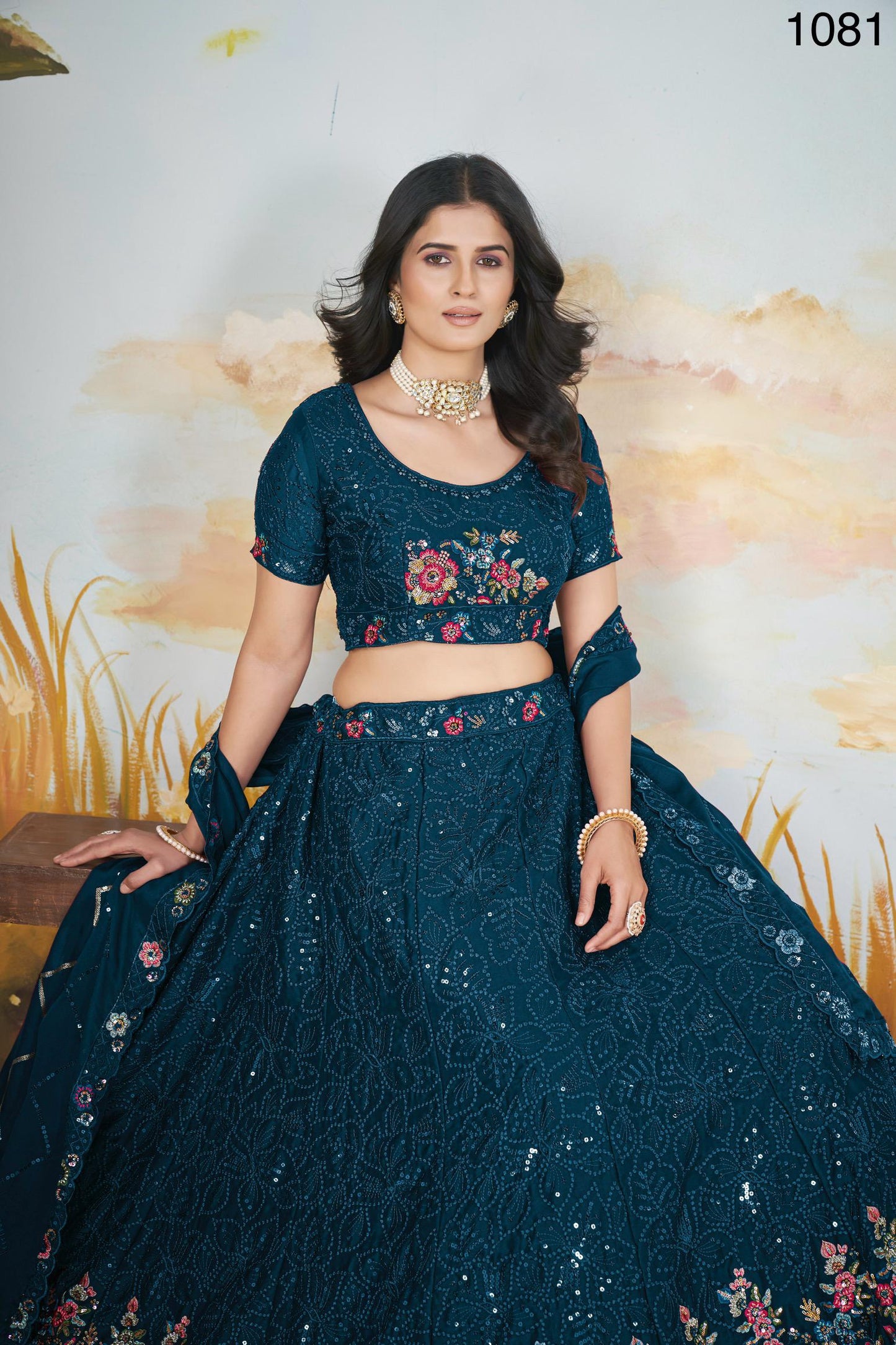 Teal Blue Designed Embroidered Premium Lehanga