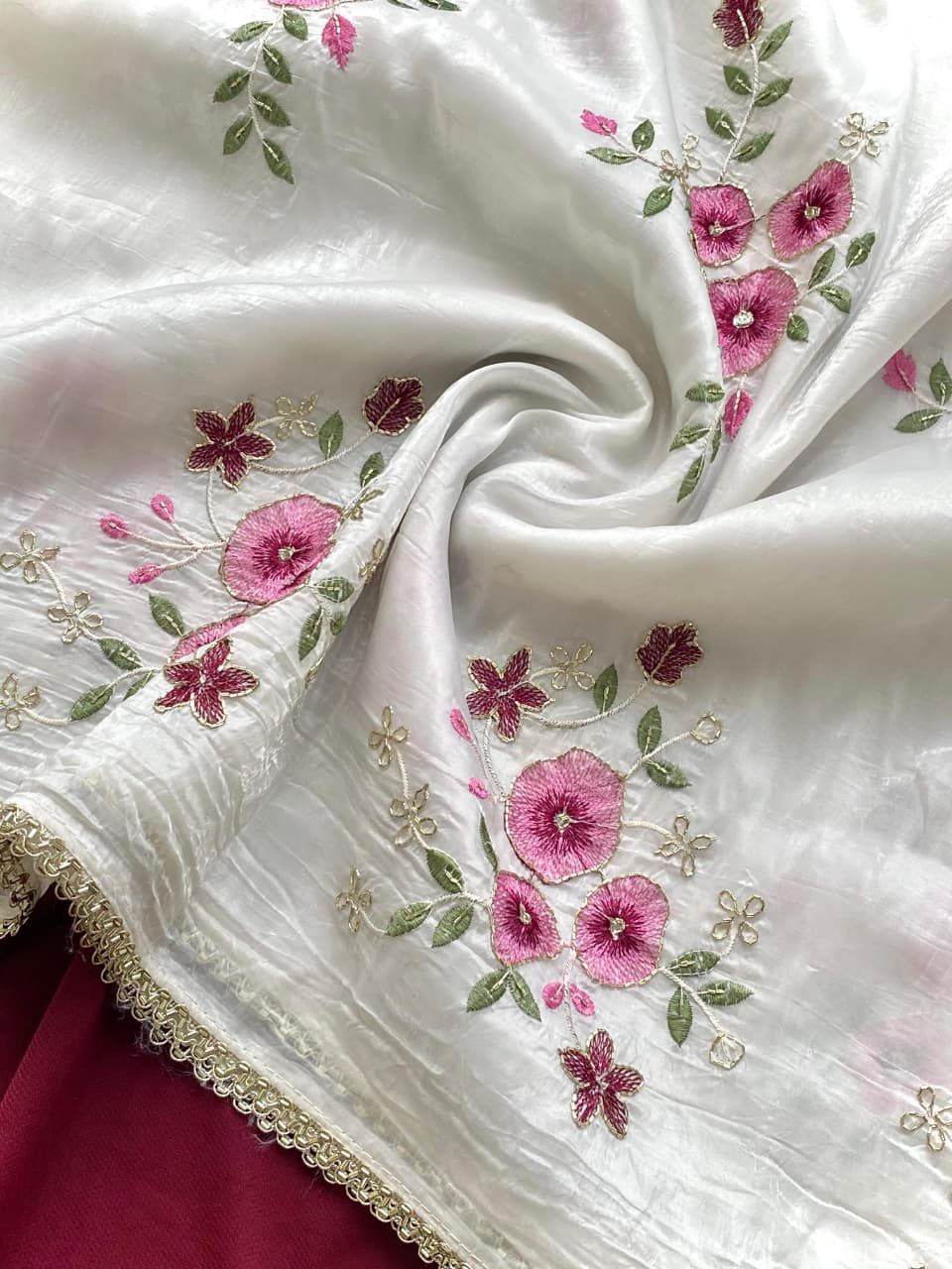 HandWorked Pure Crushed Floral Designer Embroidered Saree
