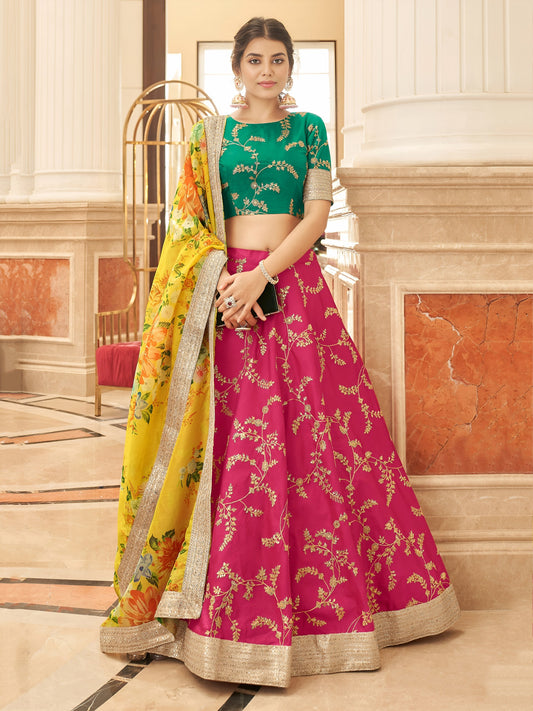 Bright Rani Pink Green Lehenga