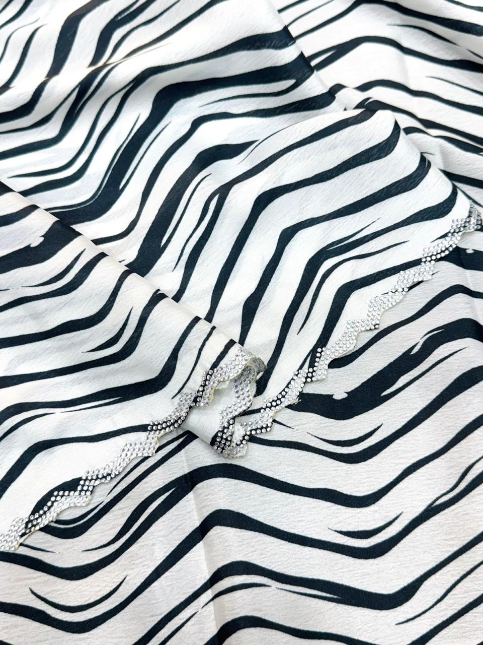 Zebra White Black Striped Crepe Silk Diamond Work Saree
