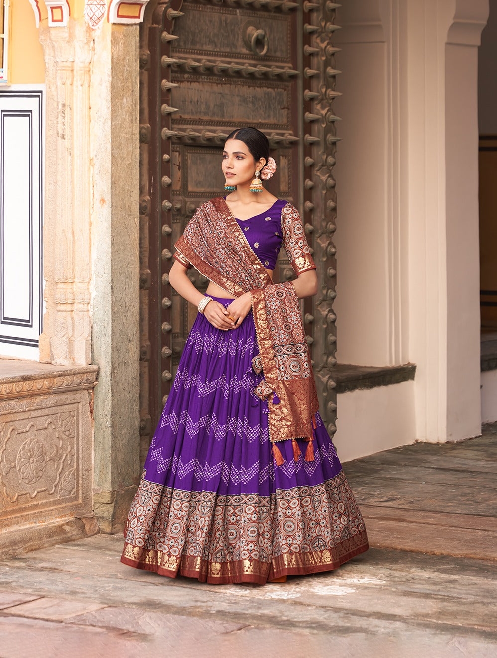 Ajarkh Print Tussar Silk Lehanga