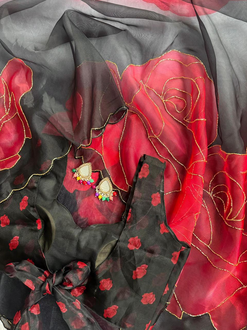 RED BLACK BEAUTIFUL PURE ORGANZA SAREE