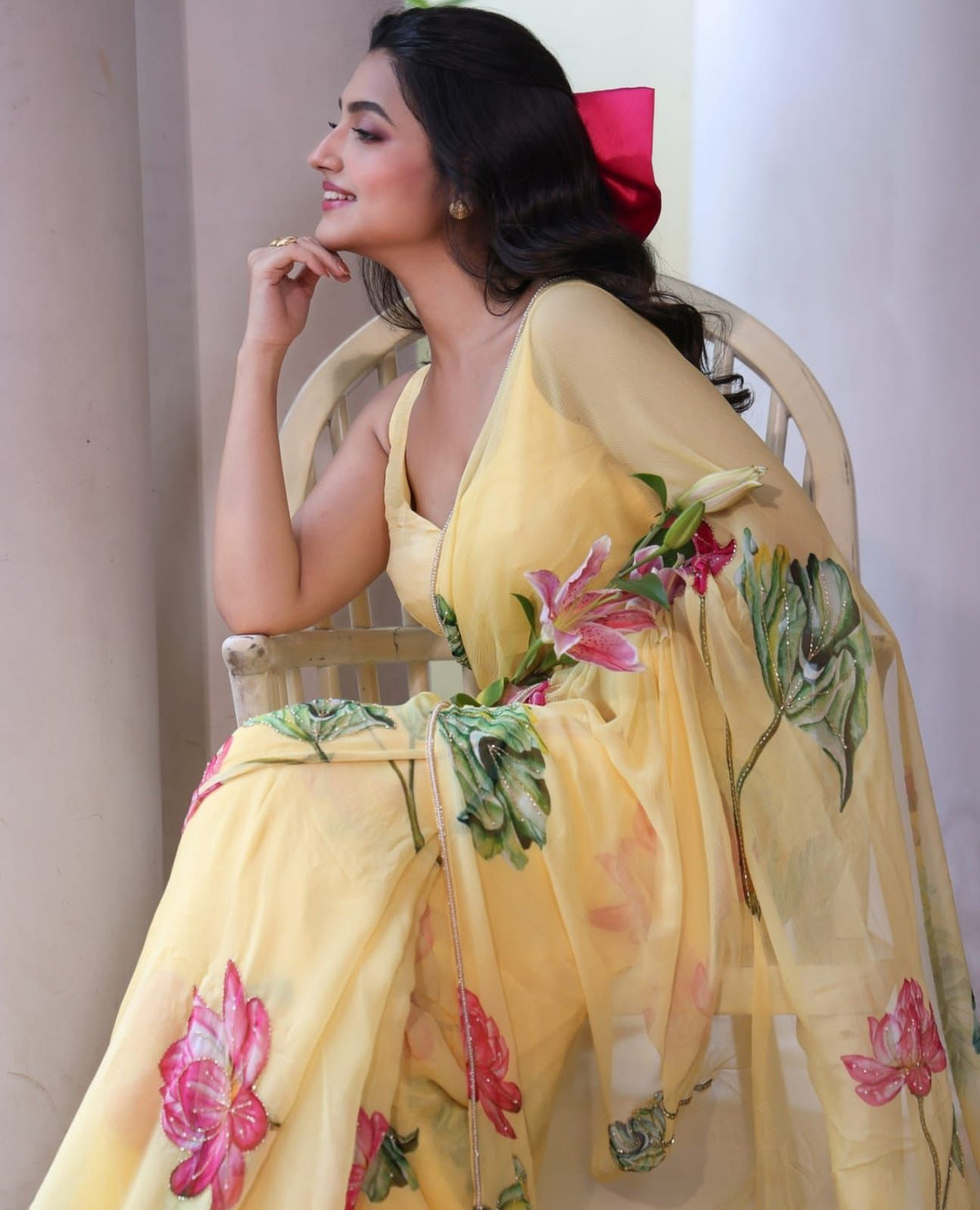CELEBRITY STYLE PASTEL YELLOW SOFT TABBY ORGANZA FESTIVE SAREE