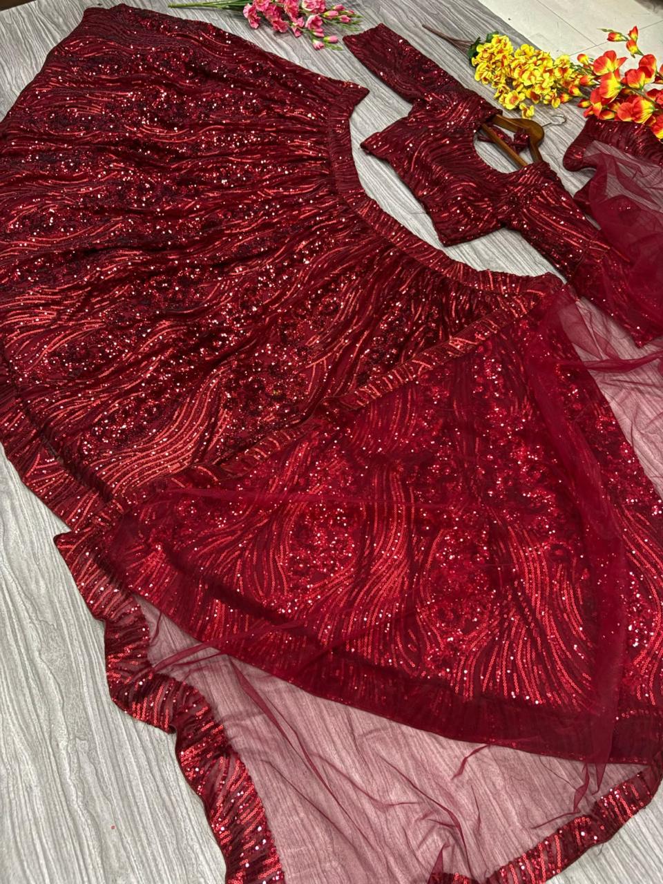 Glittering Red Bling Premium Net Lehanga