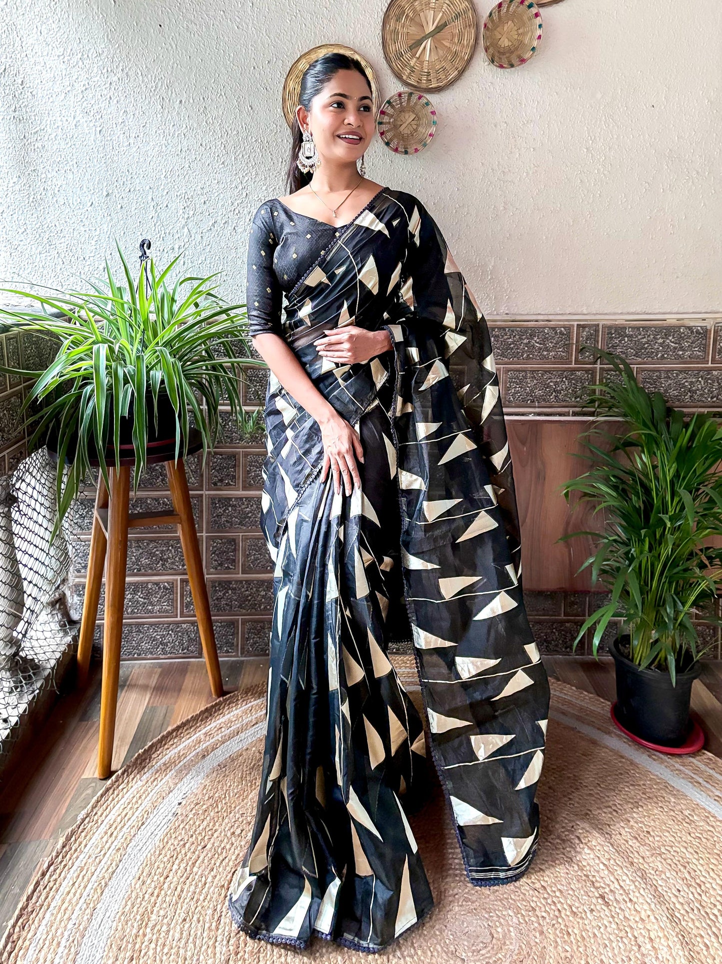 Pure Soft Organza Black Triangle Pattern Saree
