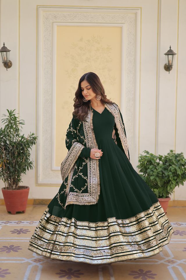 GREEN SEQUINS WORK CELEBRATION DAY PREMIUM GOWN