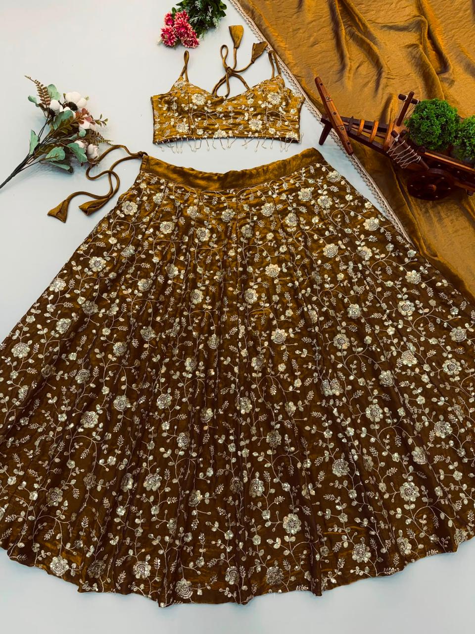 Dark Gold Elegant Bling Sequins Lehanga