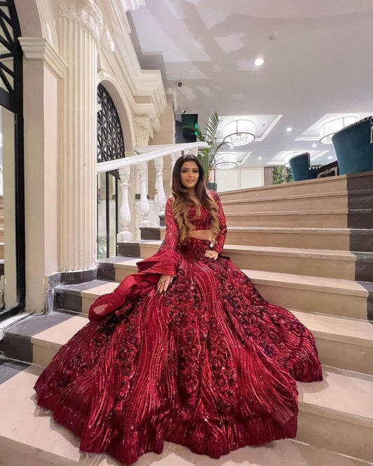 Glittering Red Bling Premium Net Lehanga