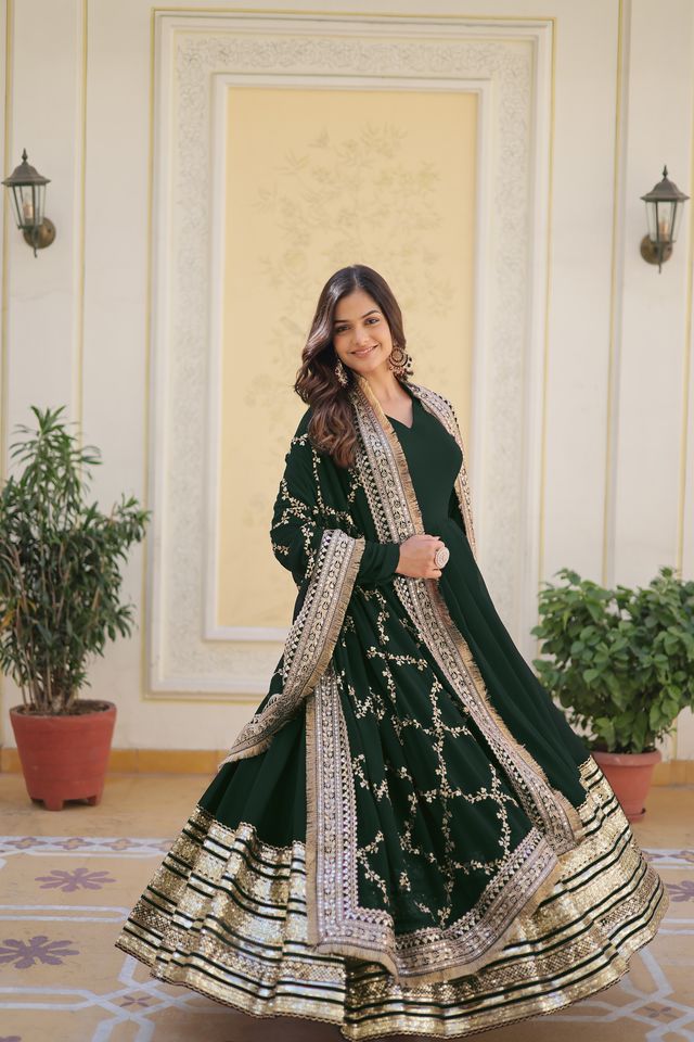 GREEN SEQUINS WORK CELEBRATION DAY PREMIUM GOWN