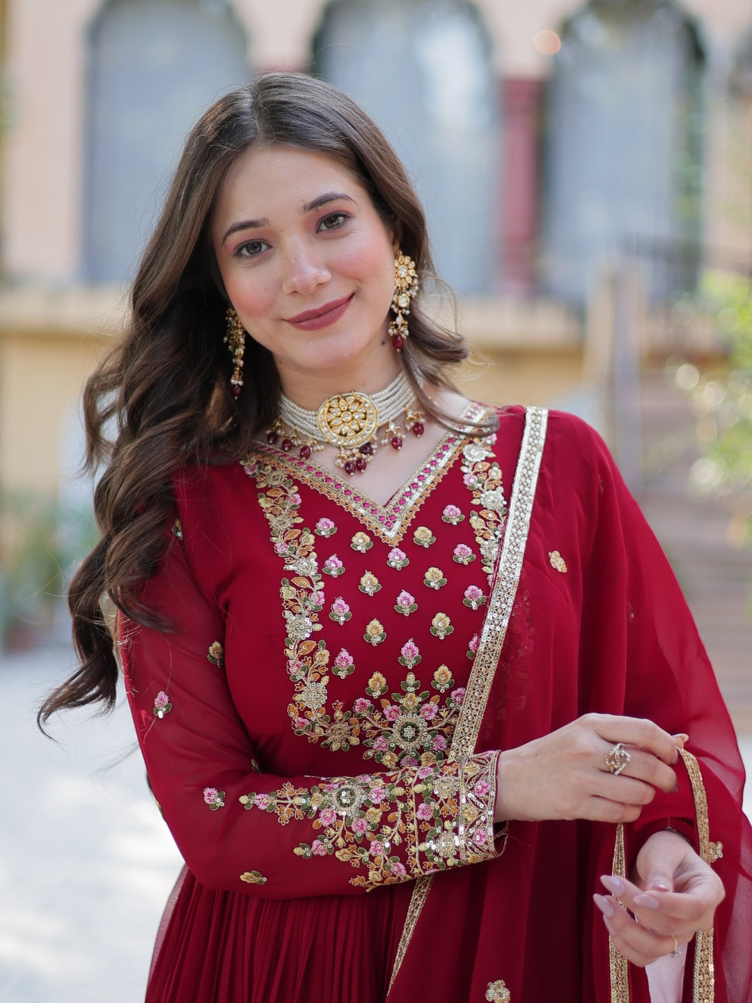 Maroon Georgette Premium Designer Gown Dupatta Set