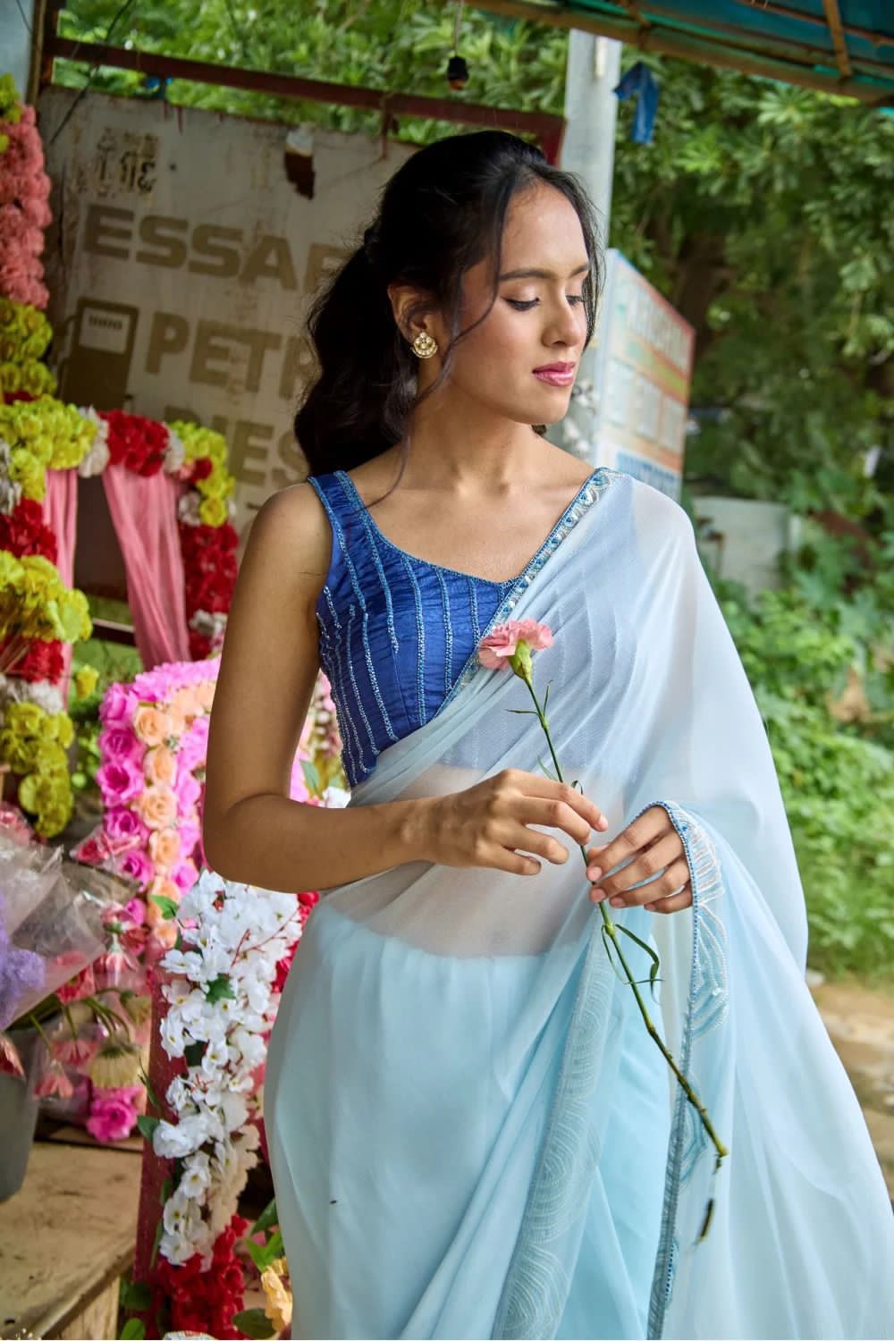 SKY BLUE CELEBRITY STYLE PEARL HANDWORK SAREE