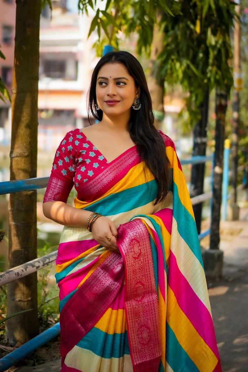 Colorful Soft Cotton Crepe Vibrant Saree