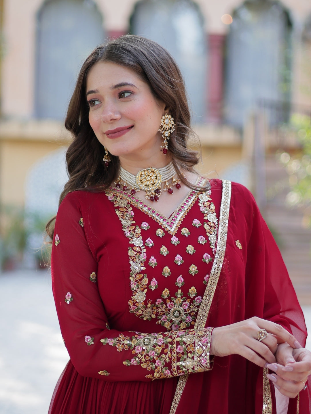 Maroon Georgette Premium Designer Gown Dupatta Set