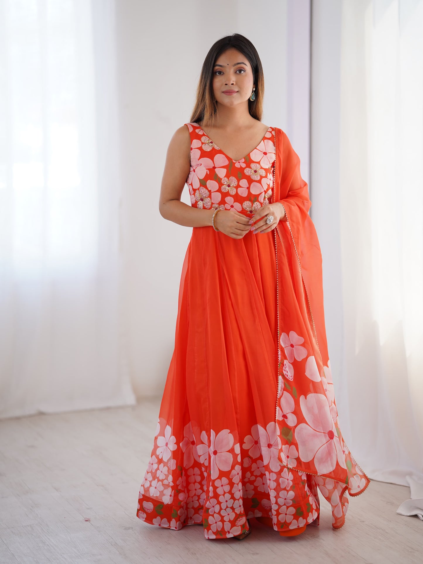 Orange Auspicious Handworked Gown (Ready To Wear)