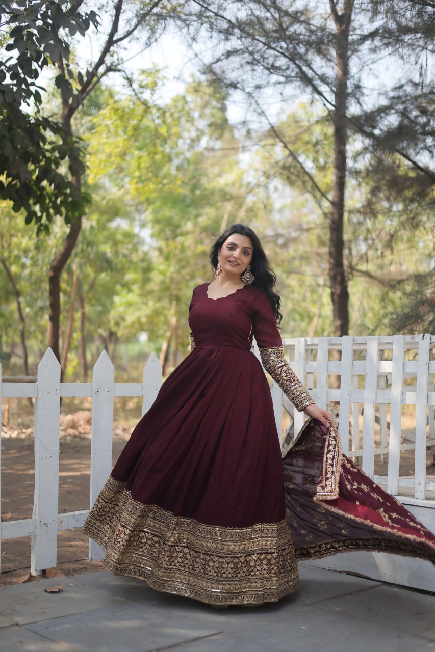 Premium Maroon Designer Gown Dupatta Set