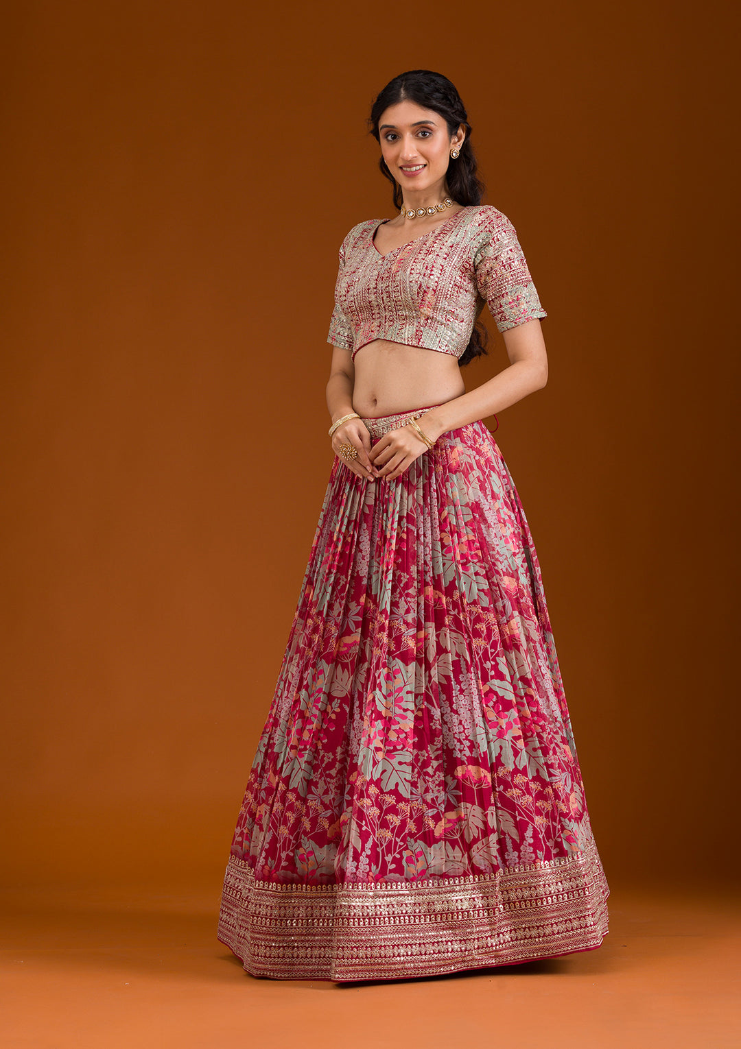 Peach Pink Top Quality Zari Sequins Printed Work Ready To Wear Lehanga