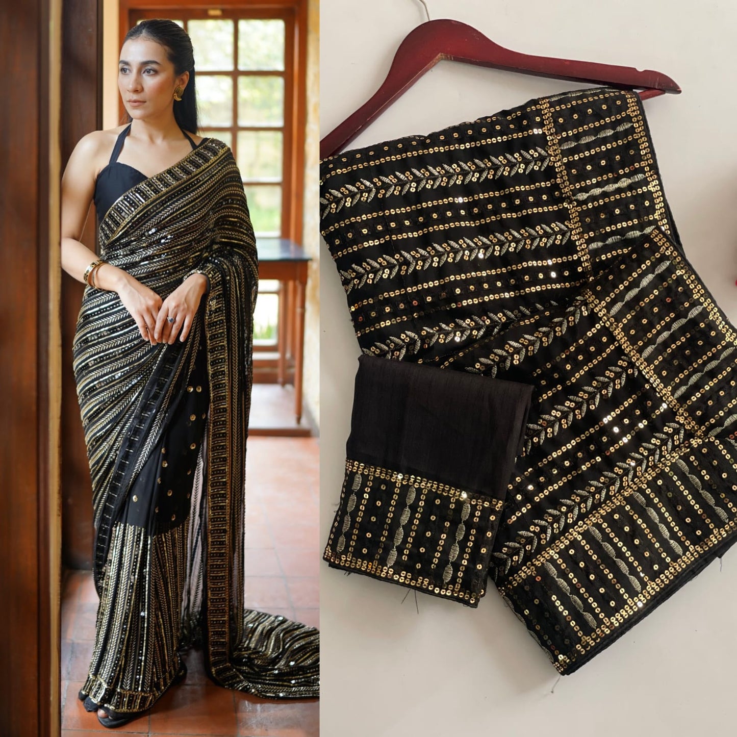 Beautiful Black Bling Striped Sequins Saree