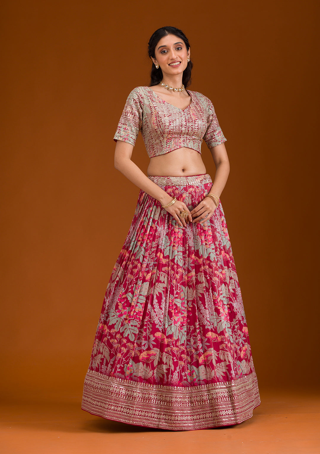 Peach Pink Top Quality Zari Sequins Printed Work Ready To Wear Lehanga