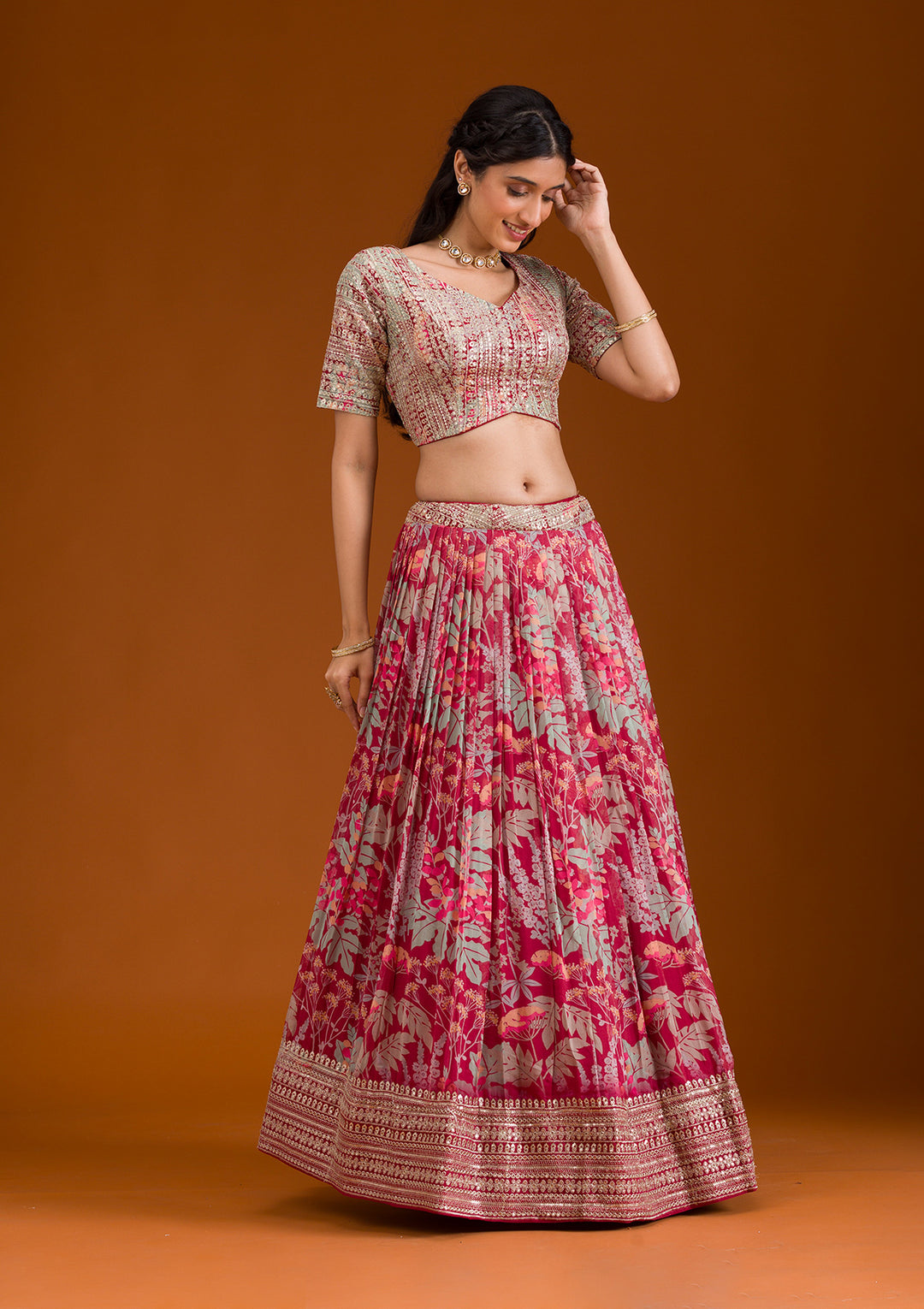 Peach Pink Top Quality Zari Sequins Printed Work Ready To Wear Lehanga